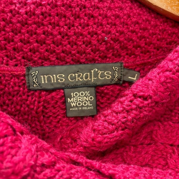 Inis Craft Large Cardigan Merino Wool Sweater One Button Cable Knit Red - Picture 4 of 12